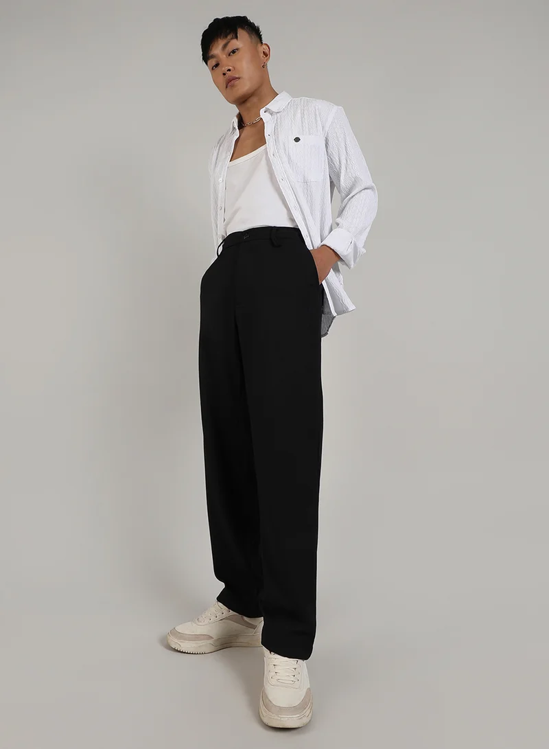 CAHOOT  Men's Onyx Black Tailored Heathered Trousers For Casual Wear | Tailored-Fit | Mid-Rise | Button Closure | Trousers Crafted With Comfort Fit For Everyday Wear for Men | Best Price UAE